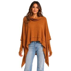 Free People We The Free Burnt Orange High Low Poncho Cowl Neck Sweater Top XS